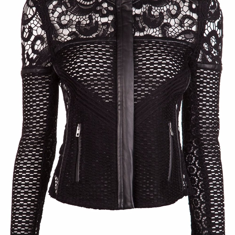Iro Lewis Black Leather and Lace Crochet Jacket Sz 2